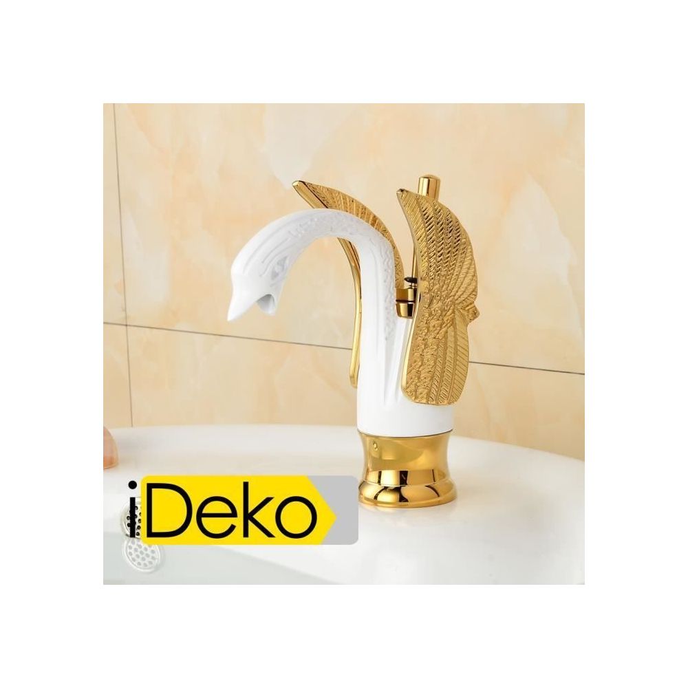 Ideko - iDeko®Robinet Mitigeur lavabo salle de bain en laiton Cygne Peintre blanc ailes doré (bas)& Flexible - Lavabo