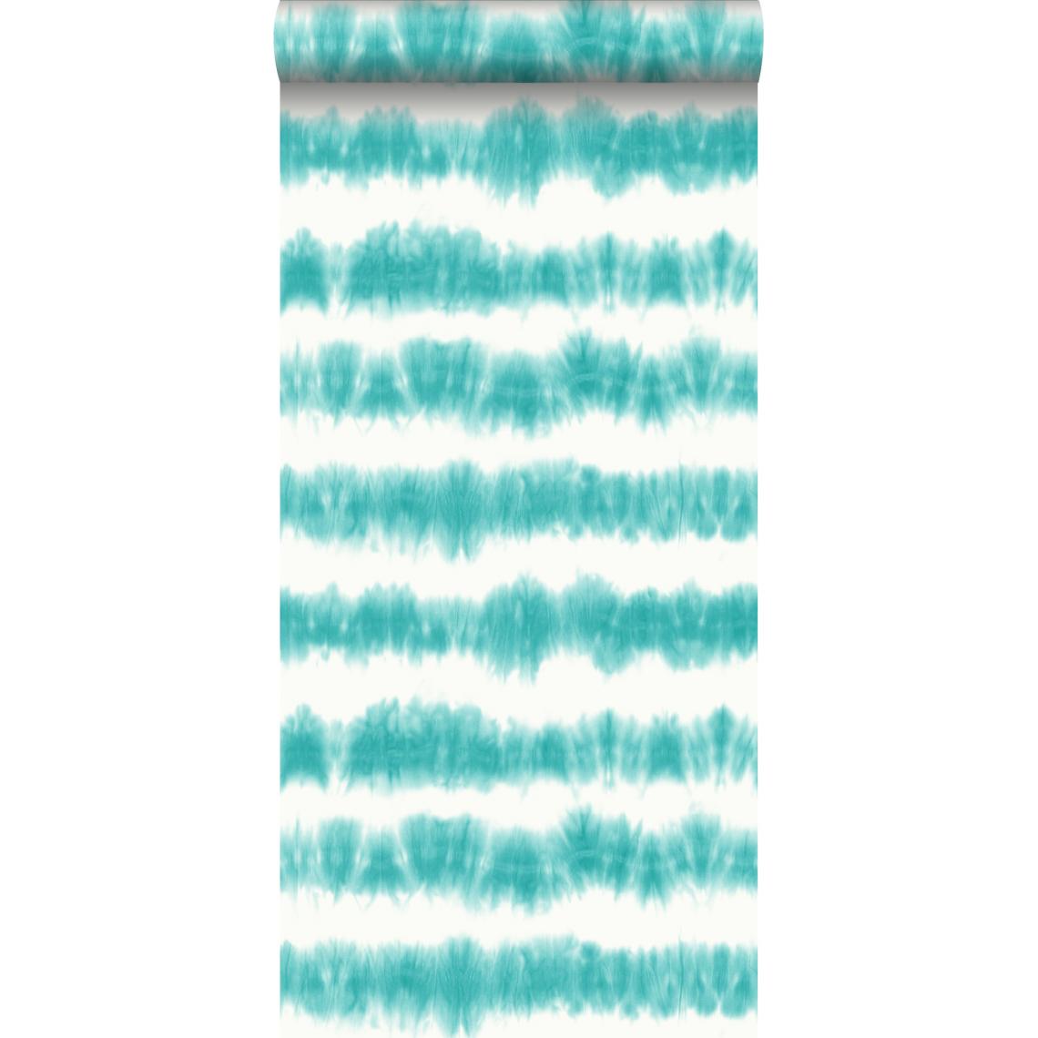 ESTAhome - ESTAhome papier peint rayure horizontal tie-dye shibori turquoise intense et blanc mat - 148687 - 53 cm x 10,05 m - Papier peint