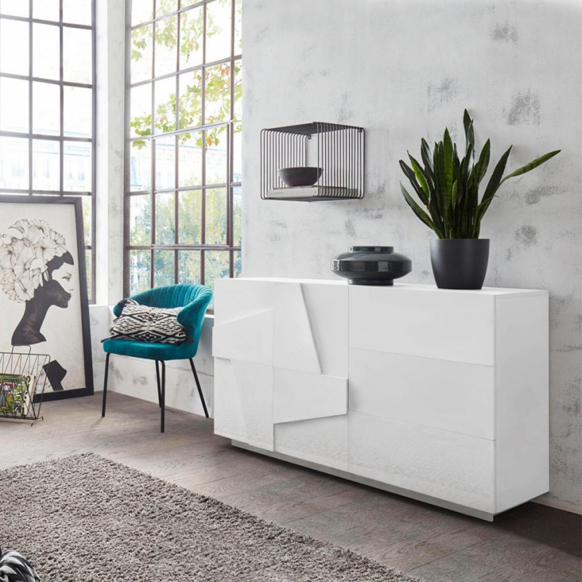 Ahd Amazing Home Design - Buffet commode 2 portes 3 tiroirs coulissants moderne blanc Ping Side M - Fond de hotte