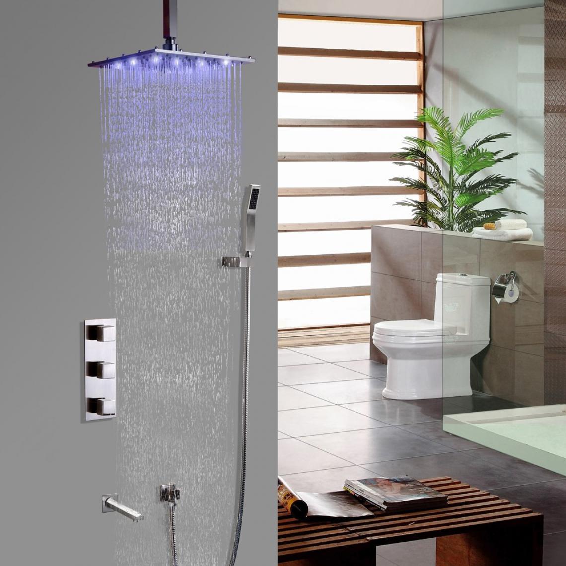 Lookshop - Système de douche thermostatique balayé au nickel brossé avec Barre de douche Sans LED 250 mm - Mitigeur douche