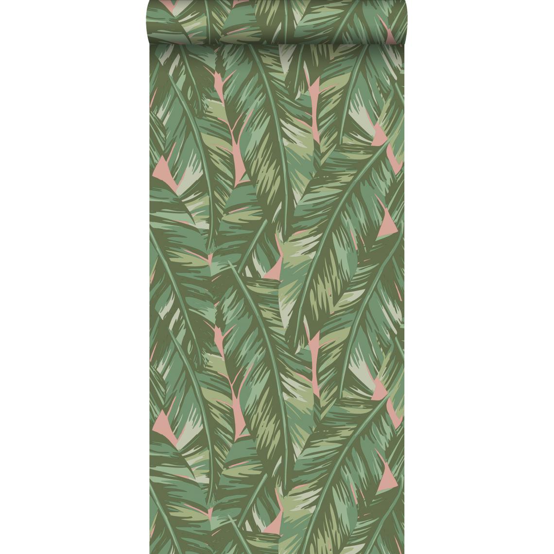 ESTAhome - ESTAhome papier peint feuilles de bananier vert olive grisé et rose pêche - 139015 - 0.53 x 10.05 m - Papier peint