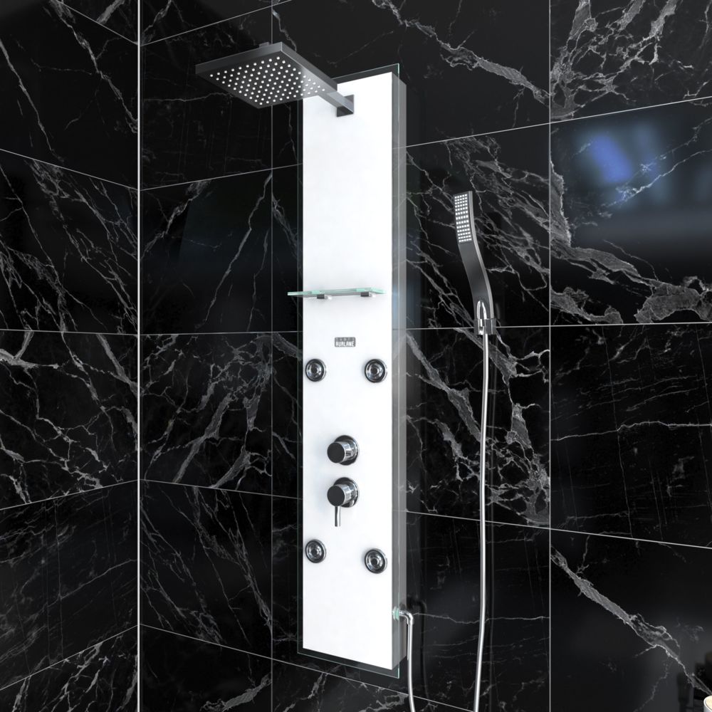 Aurlane - Colonnne de douche à hyrdomassage - 22x125cm - en verre trempé avec buses hydromassantes - EPSILON WHITE - Colonne de douche