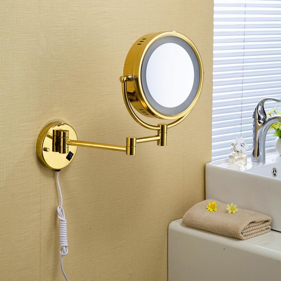 Universal - Miroir de bain Miroir de maquillage mural rond 3x1 loupe LED laiton or pliant miroir de maquillage de salle de bain |(Or) - Miroir de salle de bain
