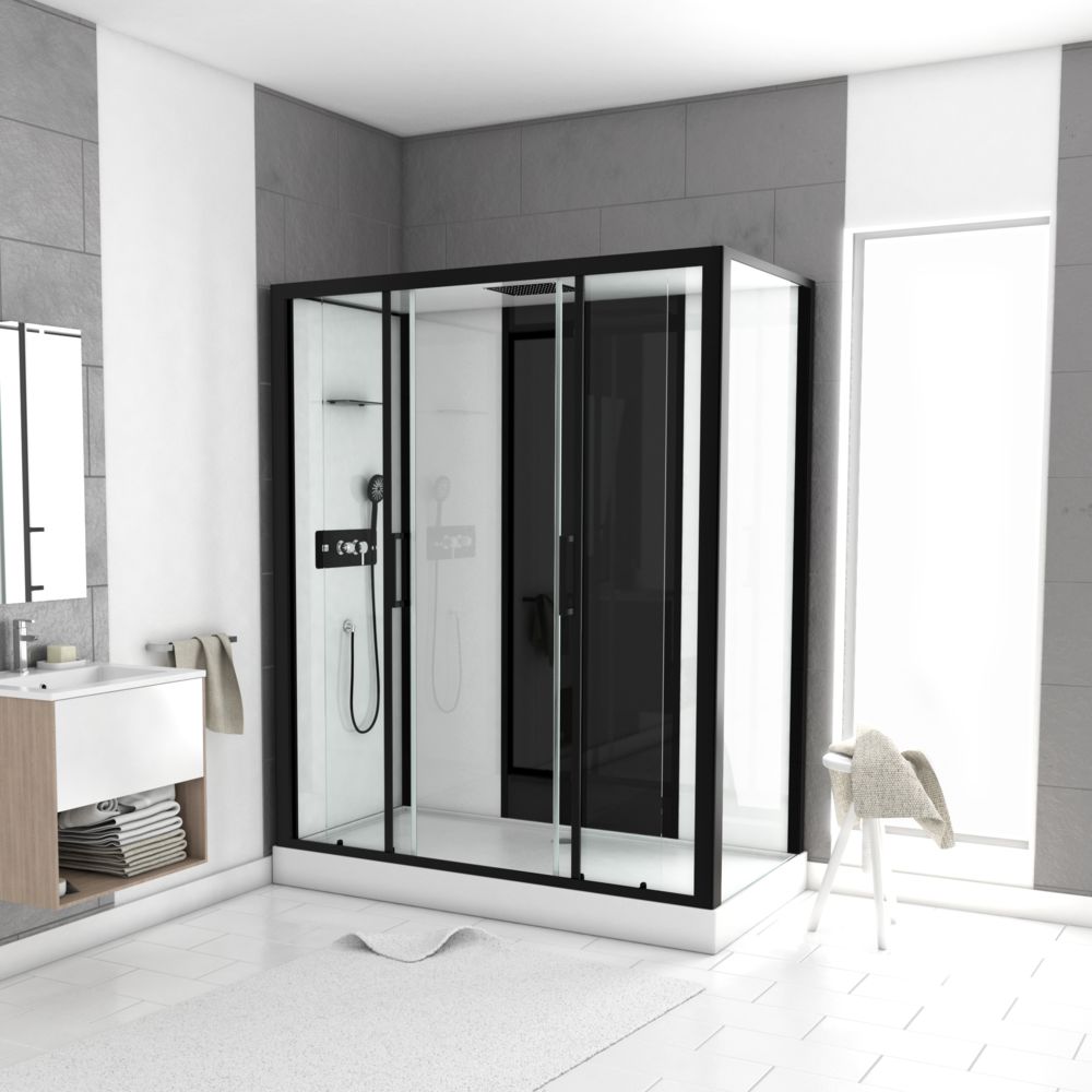 Aurlane - Cabine de douche rectangle 170x90x215cm - blanche avec profilé noir mat à receveur haut - INFINITY HIGH - Cabine de douche