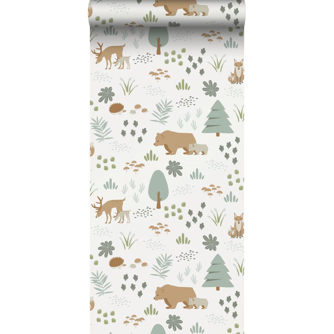 ESTAhome - ESTAhome papier peint forêt avec des animaux de la forêt blanc, vert et beige - 139247 - 0.53 x 10.05 m - Papier peint