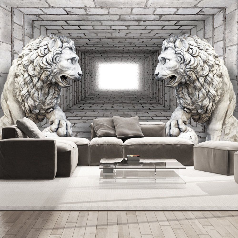 marque generique - 350x245 Papier peint Trompe l'oeil 3D et Perspective Contemporain Lions de pierre - Papier peint