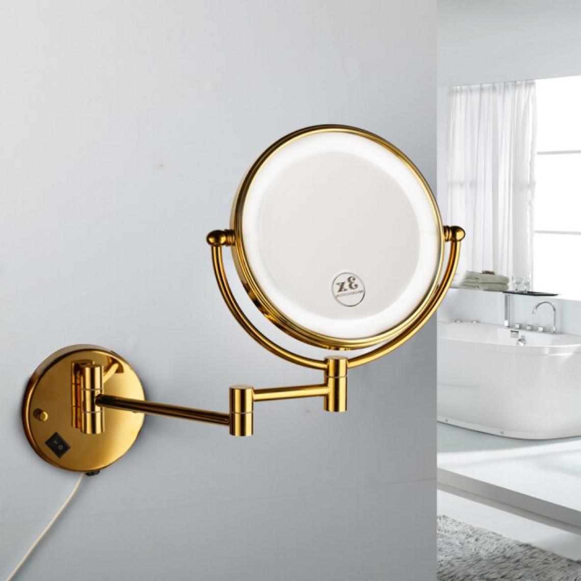 Universal - Miroir de toilette de la salle de bains Lampe dorée Perforée Accrochage mural libre Pliant Amplificateur réversible télescopique Miroir de toilette de la salle de bains(Or) - Miroir de salle de bain