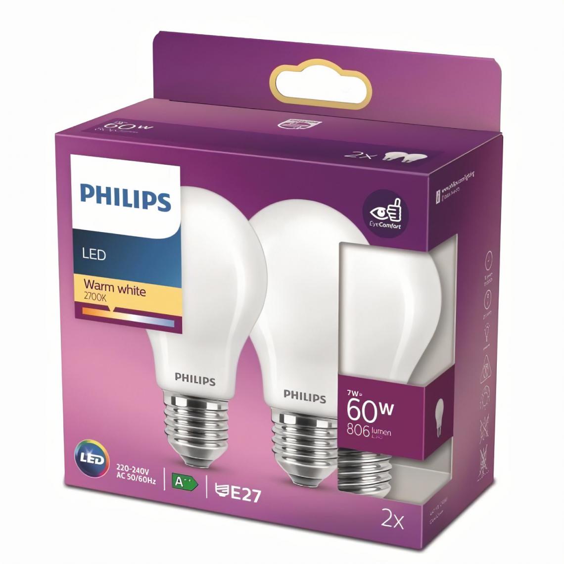 Philips - PHILIPS LED Classic 60W Standard E27 Blanc Chaud Non Dimmable Lot de 2 - Ampoules LED