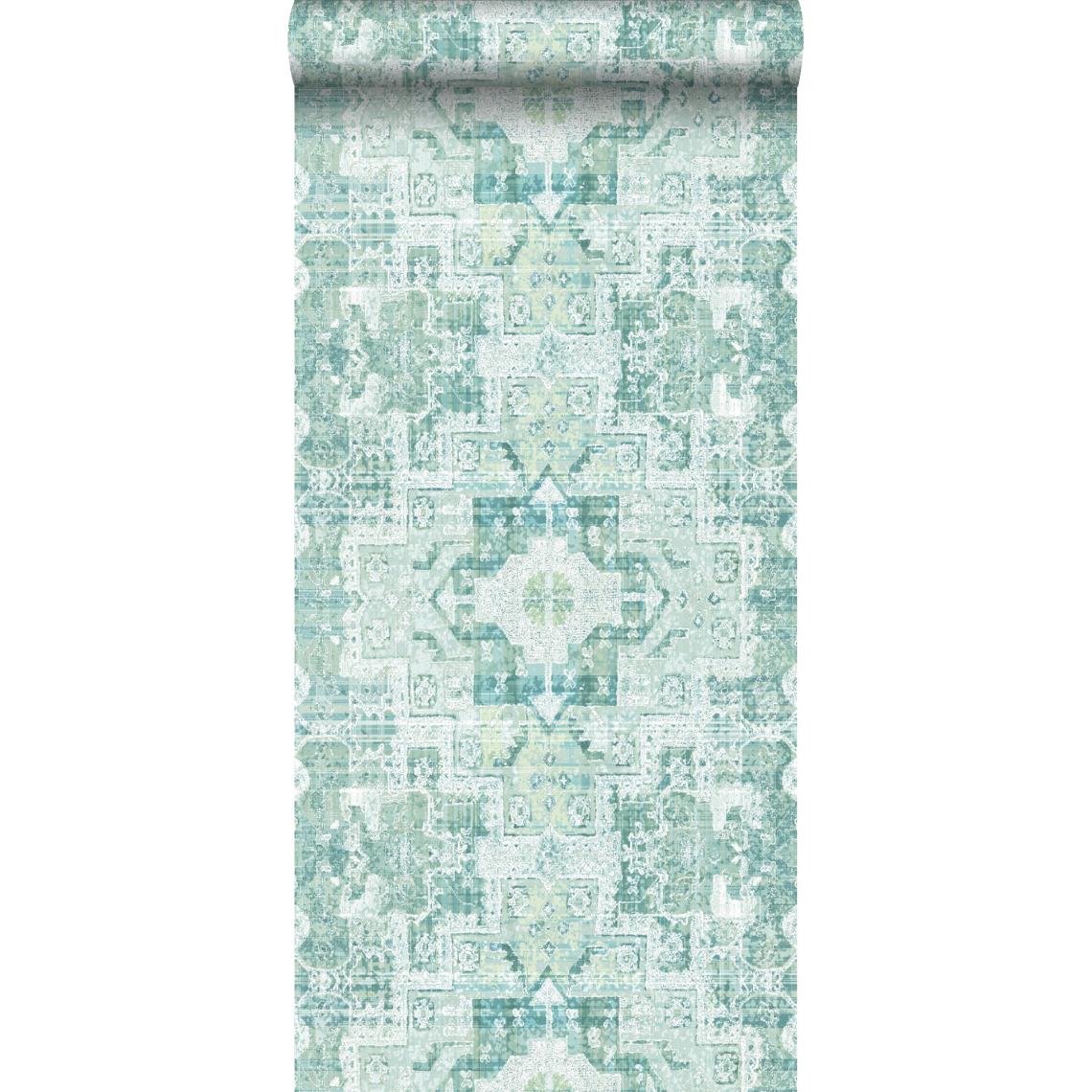 ESTAhome - ESTAhome papier peint tapis patchwork kilim oriental vert menthe pastel clair grisé - 148658 - 53 cm x 10,05 m - Papier peint
