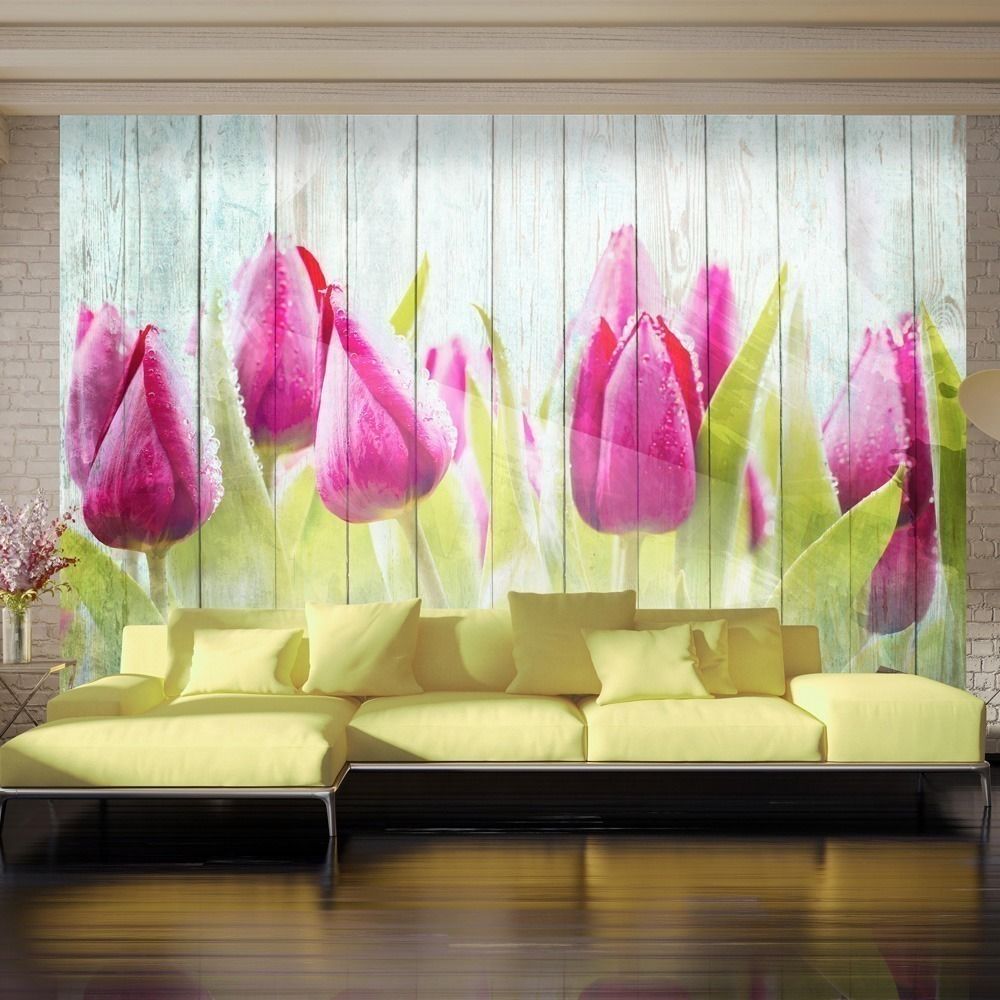 Artgeist - Papier peint - Tulips on white wood 200x140 - Papier peint