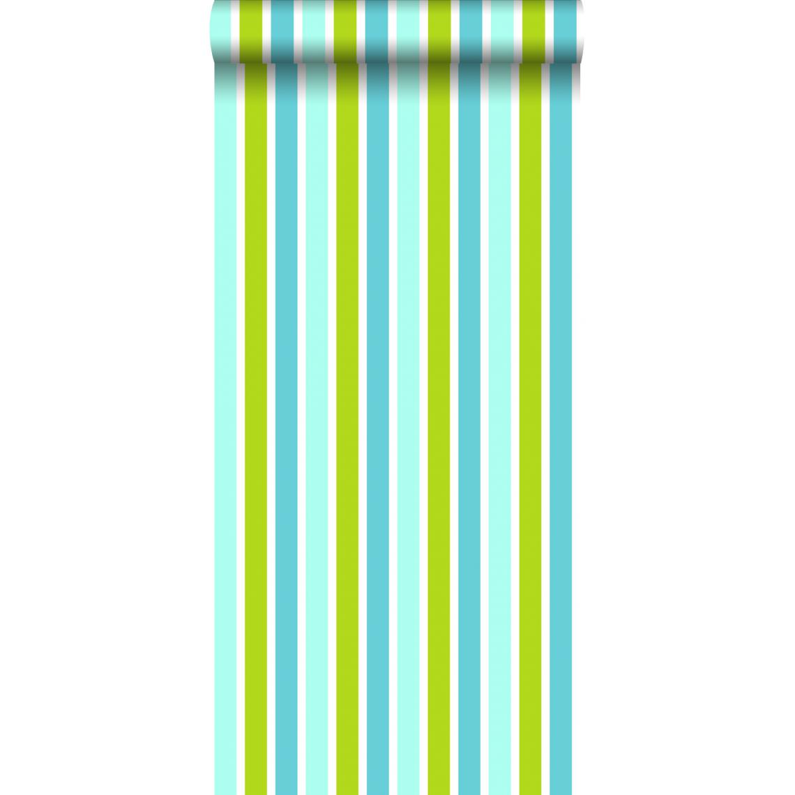 ESTAhome - ESTAhome papier peint rayures verticales turquoise, vert citron et blanc - 138703 - 53 cm x 10,05 m - Papier peint