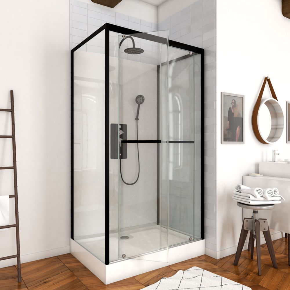 Aurlane - Cabine de douche carrée 110x80x230cm - extra blanc et profilé noir mat - LUNAR SQUARE 110 - Cabine de douche