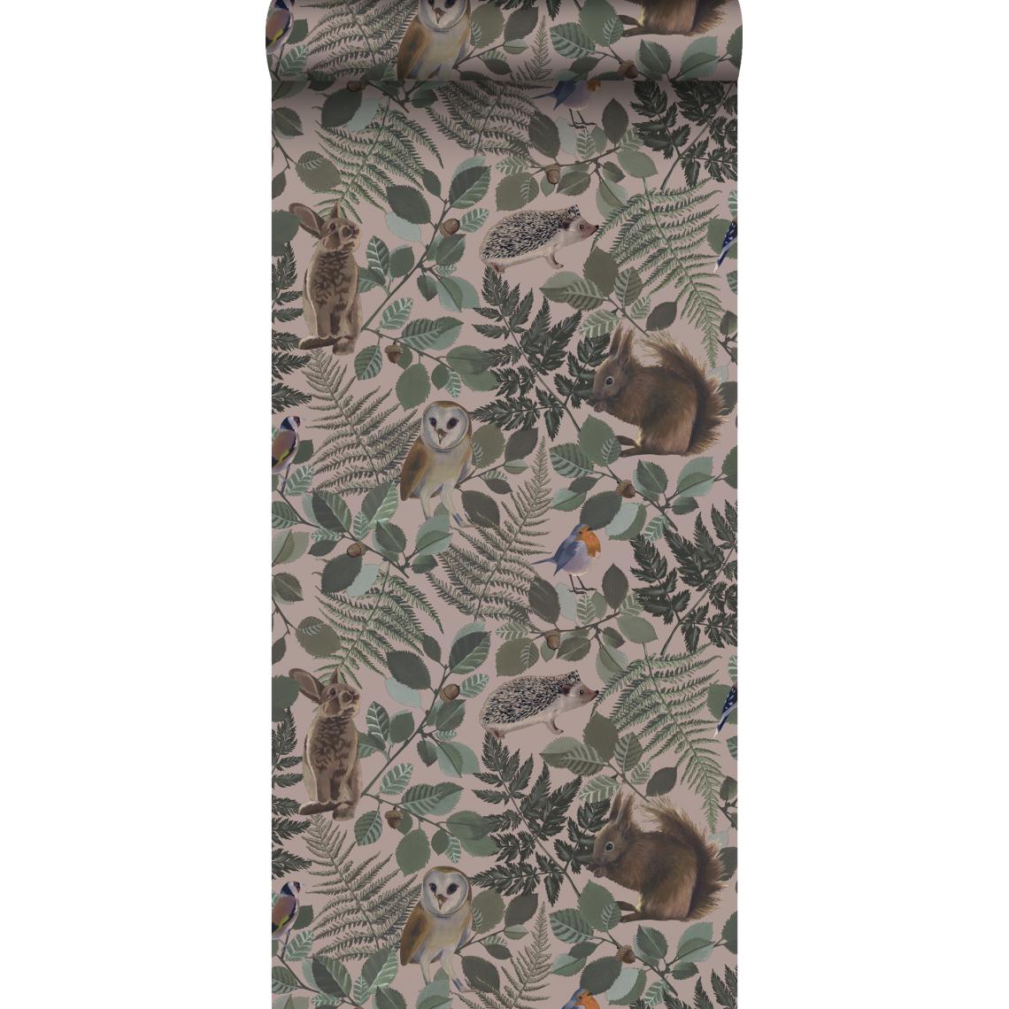 ESTAhome - ESTAhome papier peint animaux de la forêt vieux rose, vert et marron - 139252 - 0.53 x 10.05 m - Papier peint