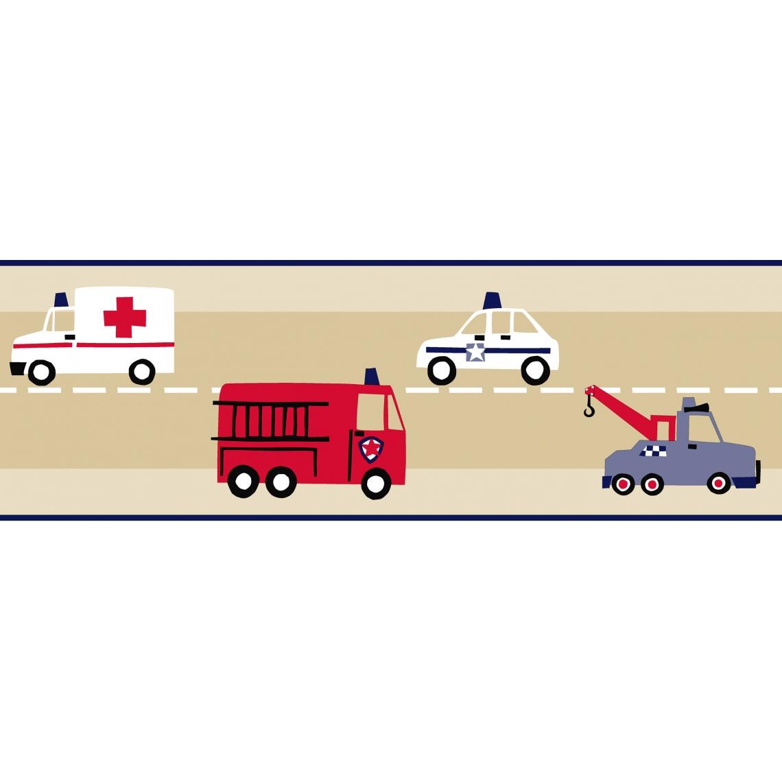 ESTAhome - ESTAhome frise papier peint camions de pompiers et voitures de police beige, rouge et bleu - 177305 - 17,06 cm x 5 m - Papier peint