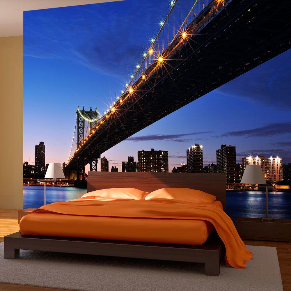 Bimago - Papier peint - Manhattan Bridge illuminé la nuit - Décoration, image, art | Ville et Architecture | New York | - Papier peint