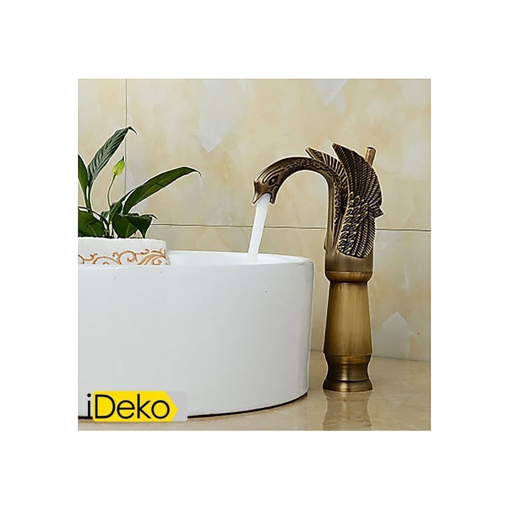 Ideko - iDeko® Robinet Mitigeur robinet salle de bains fini laiton antique Little Swan grande salle de bains robinet d'évier - Lavabo