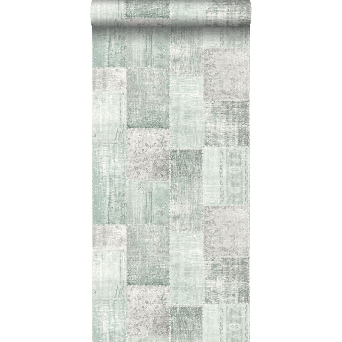 ESTAhome - ESTAhome papier peint tapis patchwork kilim oriental vert menthe pastel clair grisé - 148650 - 53 cm x 10,05 m - Papier peint