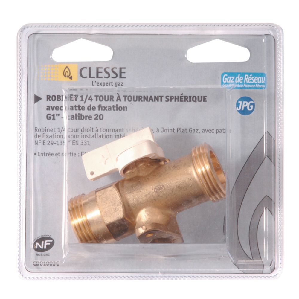Clesse - robinet gaz - 1/4 de tour - droit - mâle / mâle - 15 x 21 - laiton - avec pattes - blister - clesse cd01028c - Flexible gaz