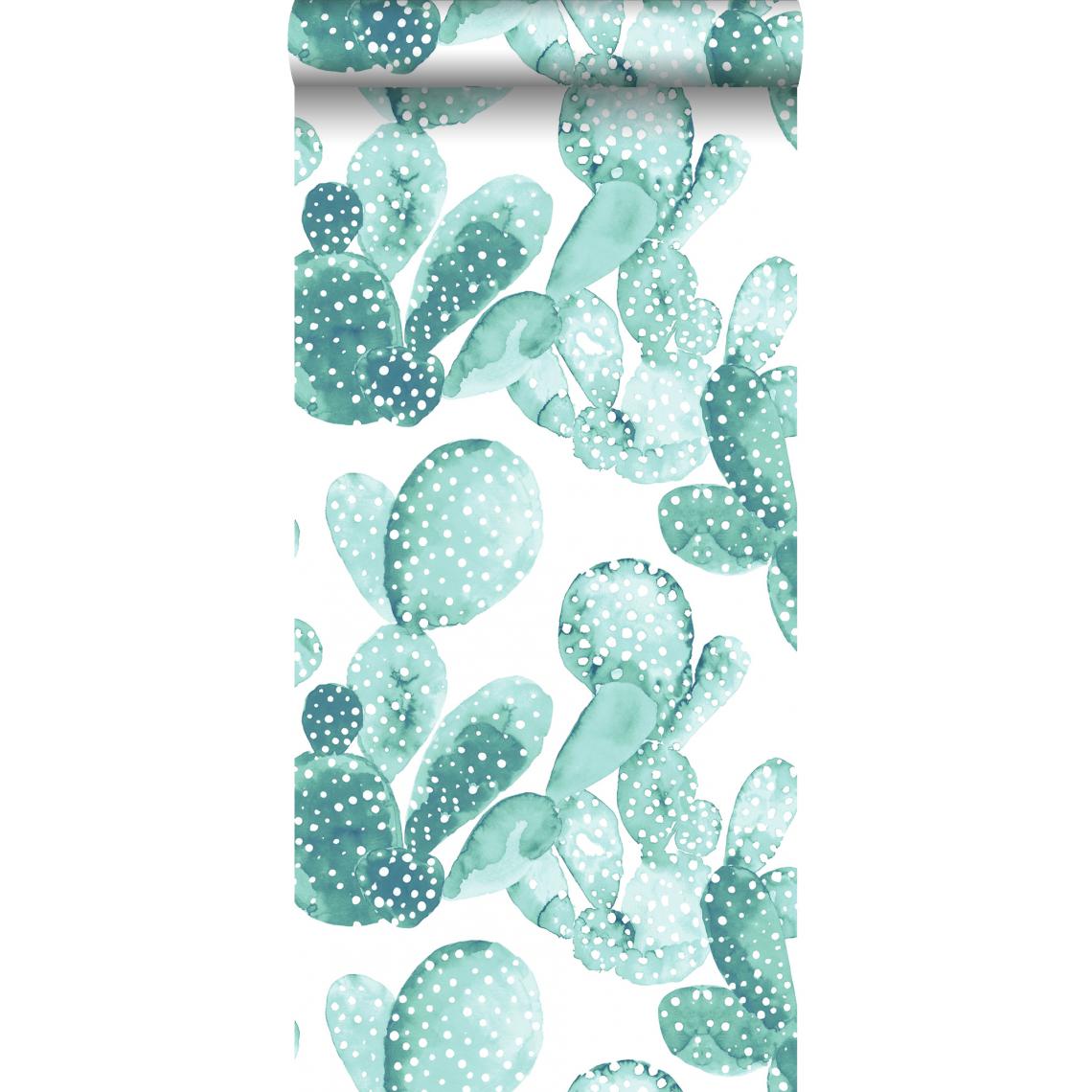 ESTAhome - ESTAhome papier peint cactus peint à l'aquarelle turquoise grisé - 138901 - 53 cm x 10,05 m - Papier peint