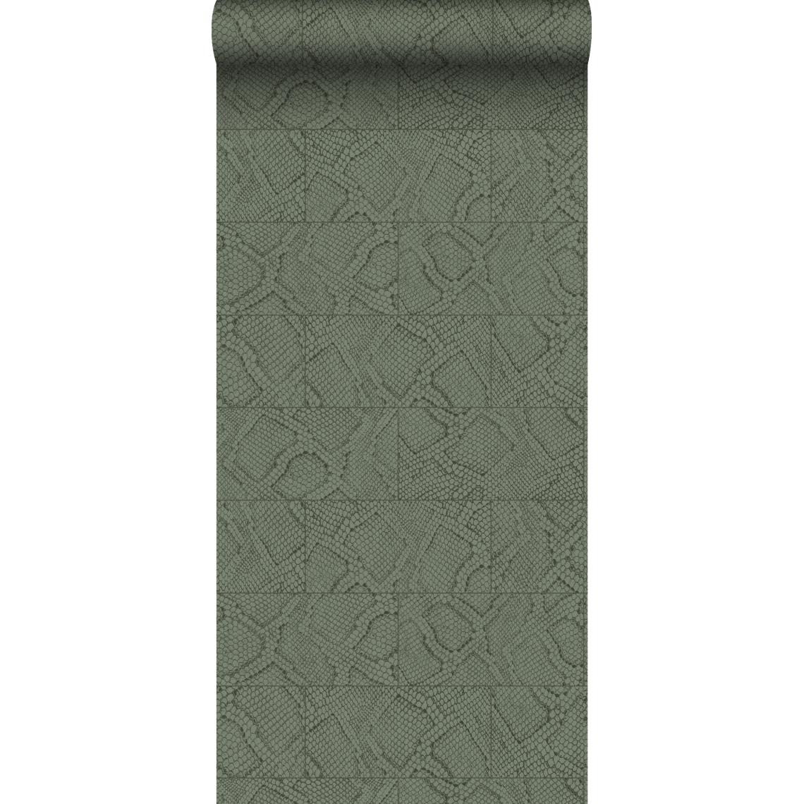 Origin - Origin papier peint motif de carrellages avec imitation peau de serpent vert olive grisé - 347787 - 0.53 x 10.05 m - Papier peint