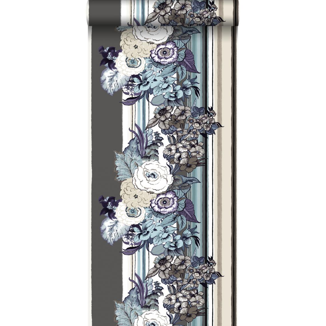 ESTAhome - ESTAhome papier peint fleurs vintage taupe et violet foncé - 138117 - 53 cm x 10,05 m - Papier peint