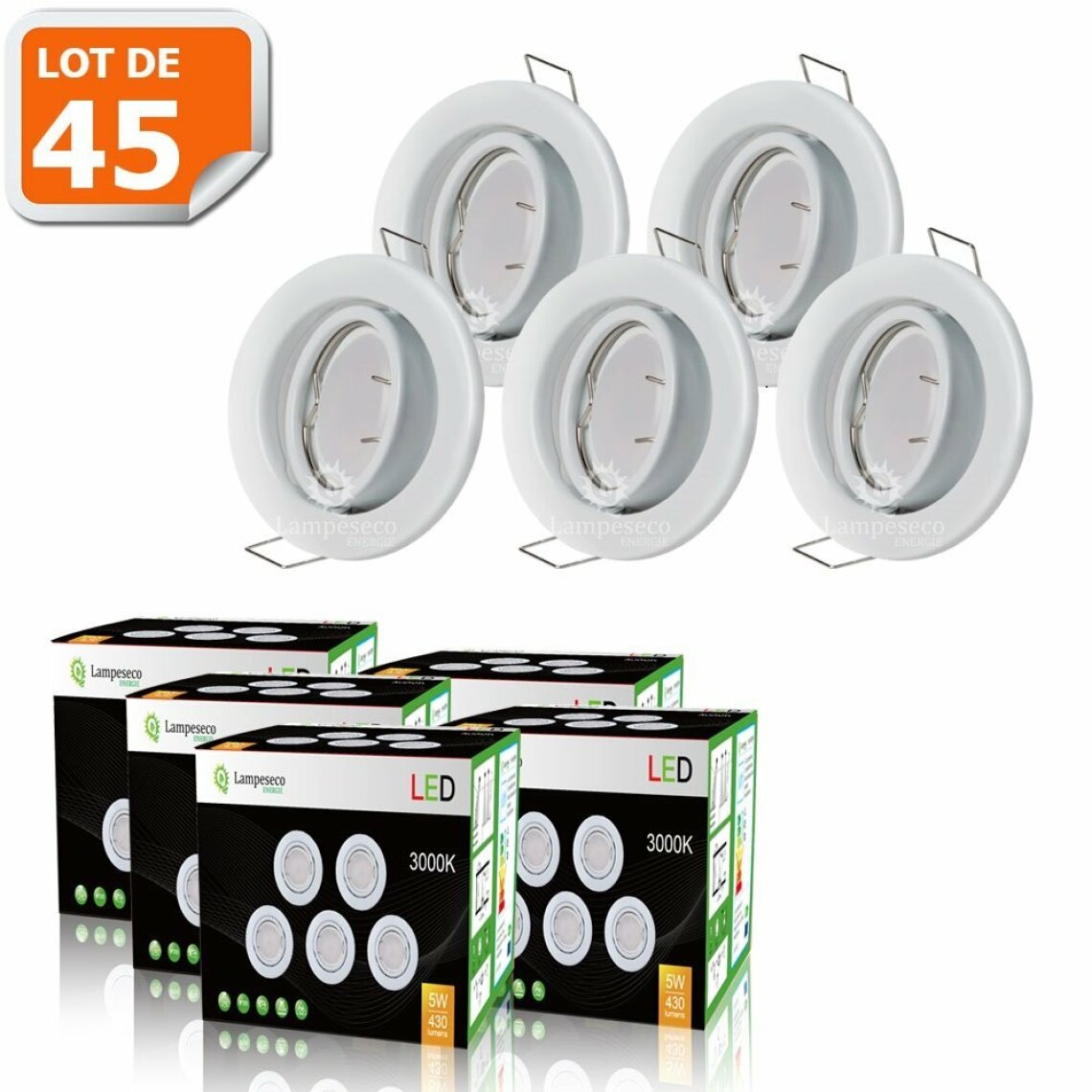 Lampesecoenergie - LOT DE 45 SPOT LED ORIENTABLE BLANC AVEC AMPOULE GU10 230V eq. 50W, BLANC CHAUD - Boîtes d'encastrement