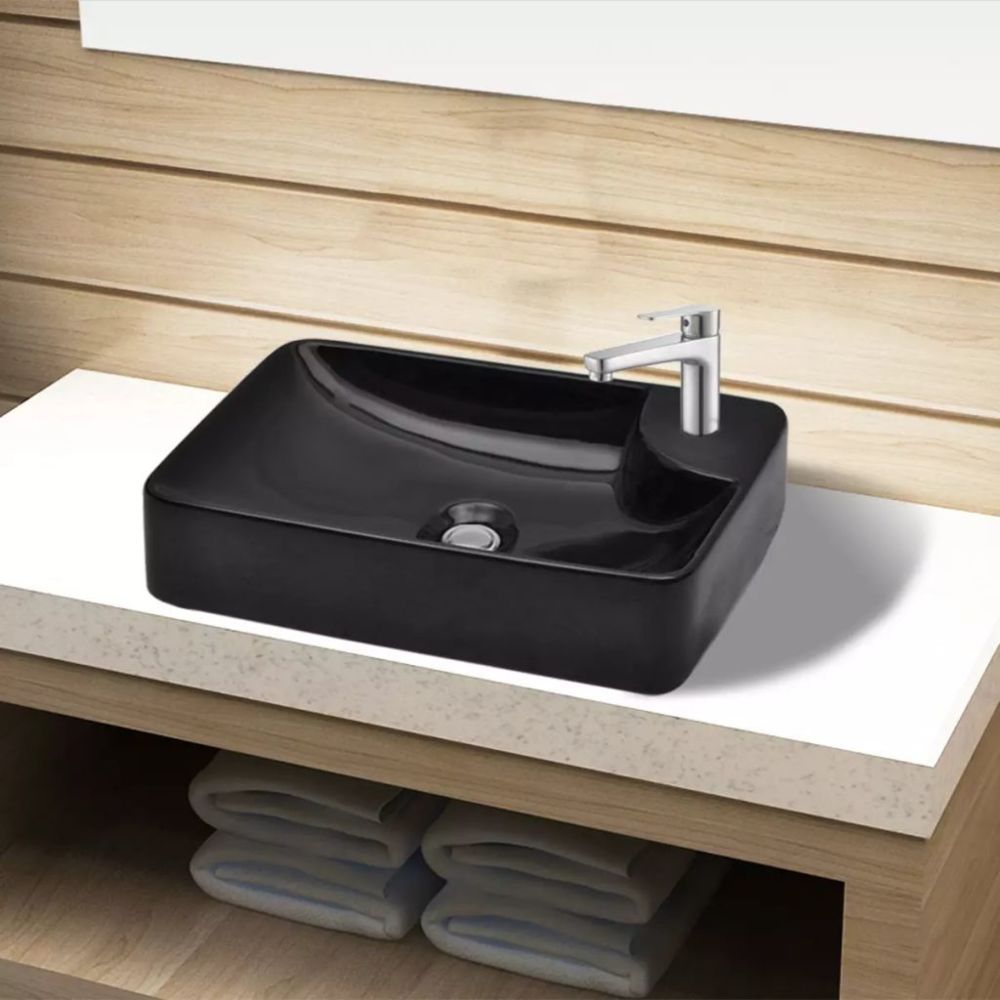 Vidaxl - Vasque à trou pour robinet céramique Noir pour salle de bain - 141935 | Noir - Lavabo