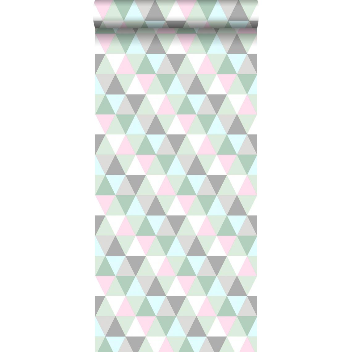ESTAhome - ESTAhome papier peint triangles rose, vert menthe et gris - 128706 - 53 cm x 10,05 m - Papier peint