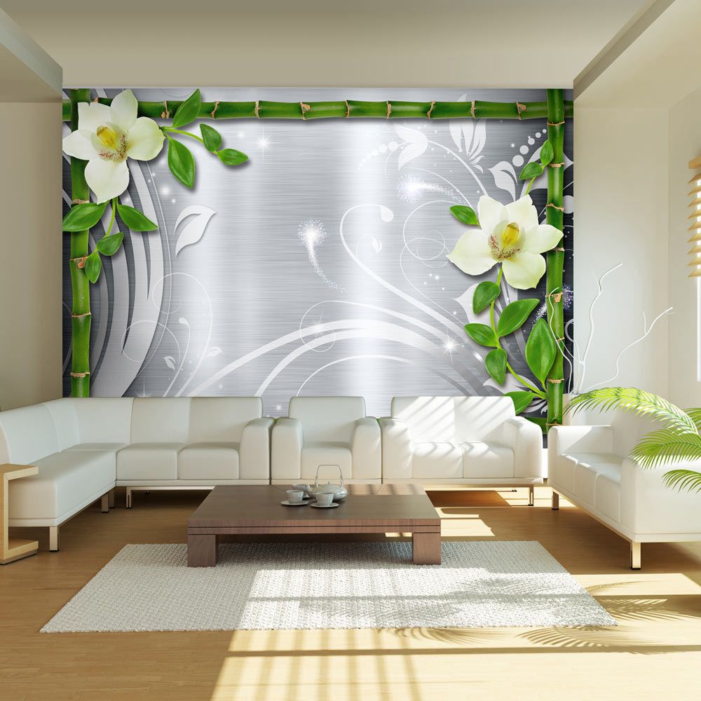 Artgeist - Papier peint - Bamboo and two orchids 350x245 - Papier peint