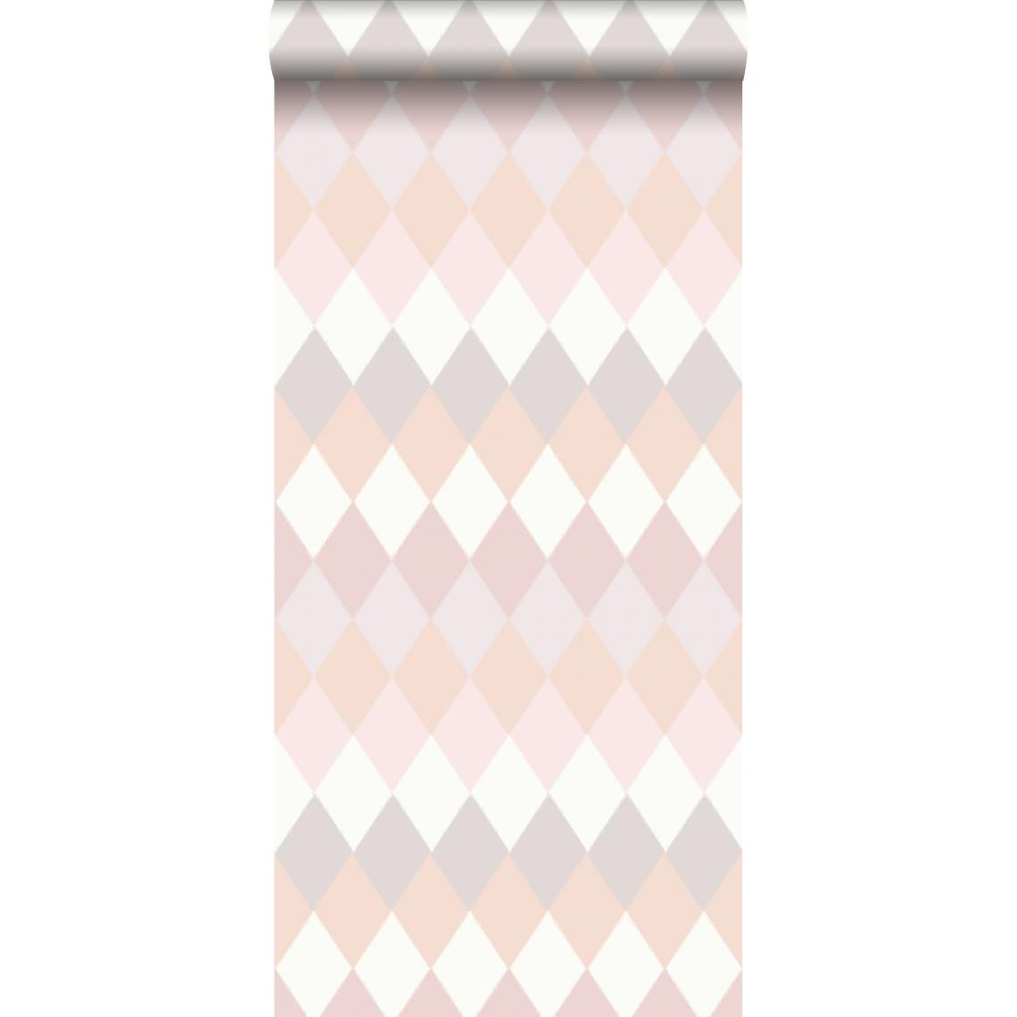 ESTAhome - ESTAhome papier peint rayure horizontal de rhombes à structure de lin rose pêche et nuances roses lilas - 148680 - 53 cm x 10,05 m - Papier peint