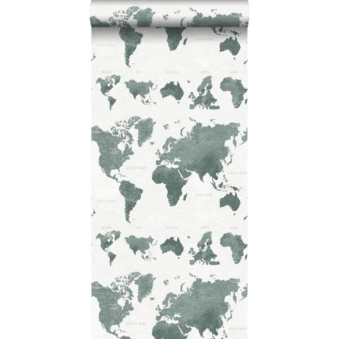 ESTAhome - ESTAhome papier peint cartes du monde vert grisé - 138971 - 0.53 x 10.05 m - Papier peint