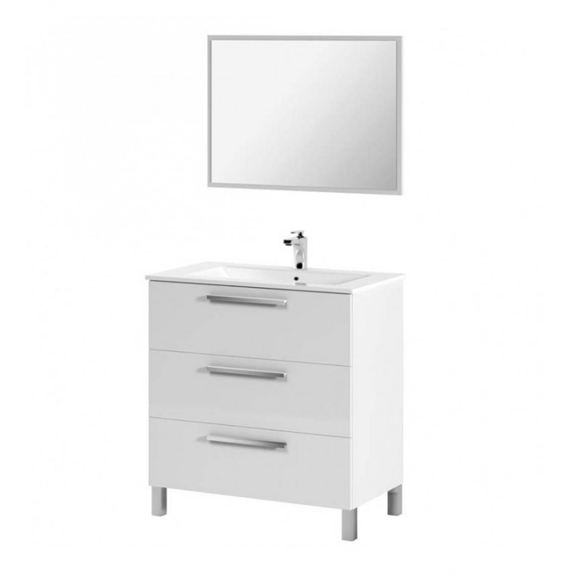 Pegane - Meuble Sous-Vasque avec 3 Portes + Miroir coloris blanc brillant - 86 x 80 x 45 cm - Vasque