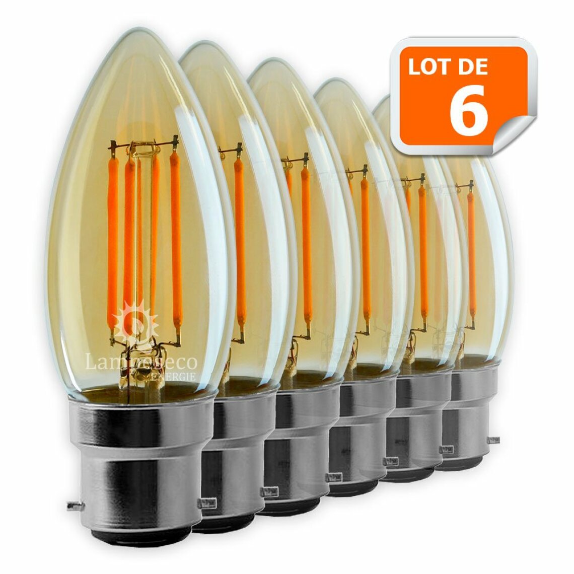Lampesecoenergie - Lot de 6 Ampoules Led Flamme Filament Doré 4 watt (éq. 42 Watt) Culot B22 - Ampoules LED
