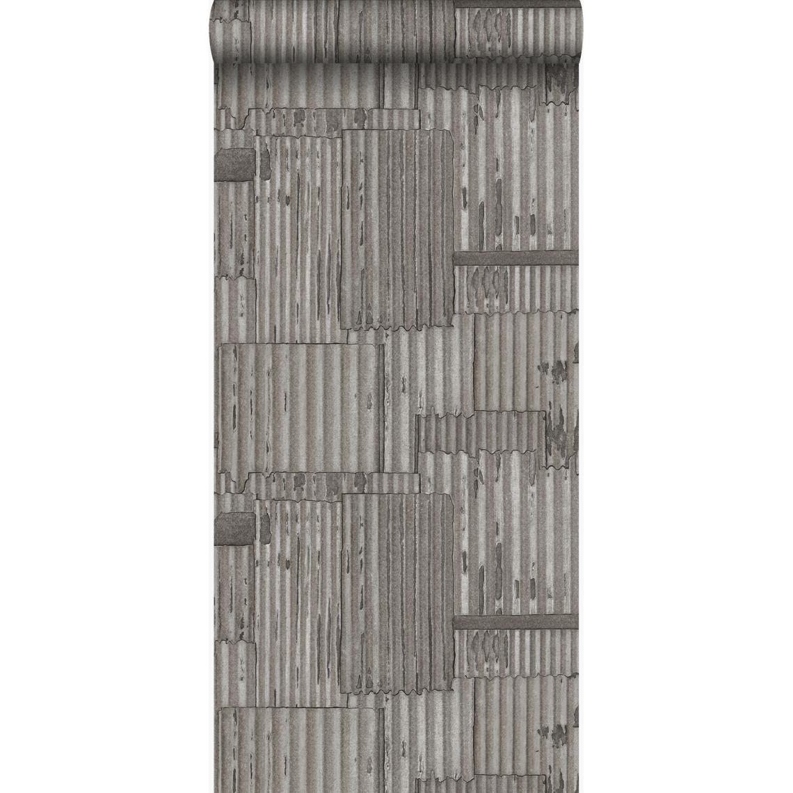 Origin - Origin papier peint tôles ondulées en métal industrielles 3D gris foncé - 347618 - 53 cm x 10.05 m - Papier peint