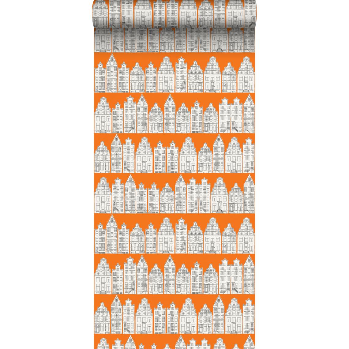 ESTAhome - ESTAhome papier peint maisons bordant les canaux d'Amsterdam orange et blanc - 115874 - 53 cm x 10,05 m - Papier peint