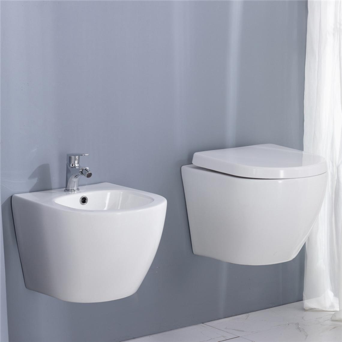 Homelody - Toilette Suspendue en Céramique Blanc avec Abattant WC + Bidet Suspendu en Céramique Design avec Trop-plein - Montage Mural - Bidet