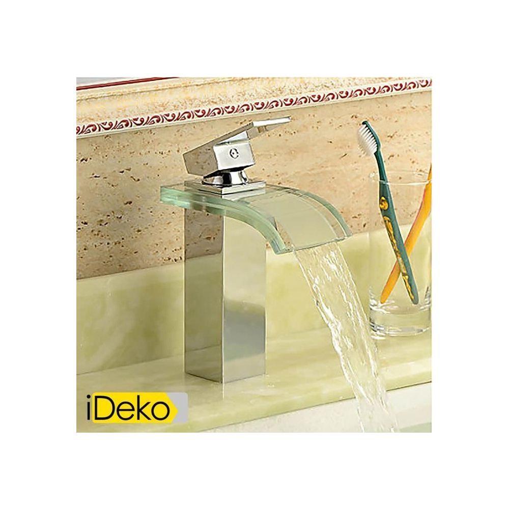 Ideko - iDeko® Robinet Mitigeur de Lavabo laiton moderne robinet d'évier cascade salle de bain avec verre bec (finition chromée) - Lavabo