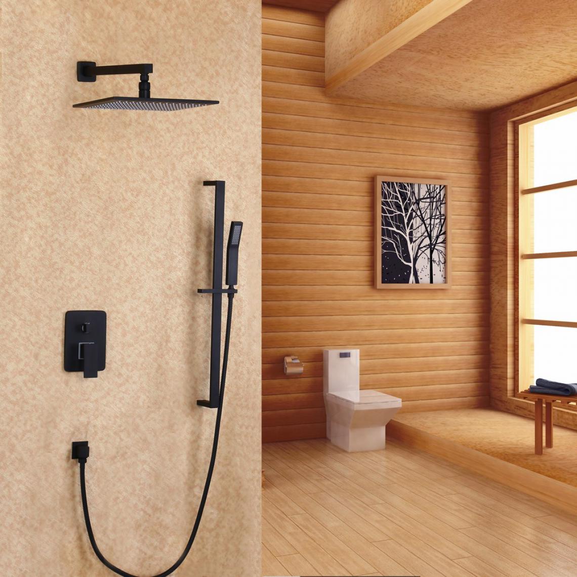 Kroos - Système de douche à main à fixation murale avec douchette et glissière en noir 300 mm - Mitigeur douche