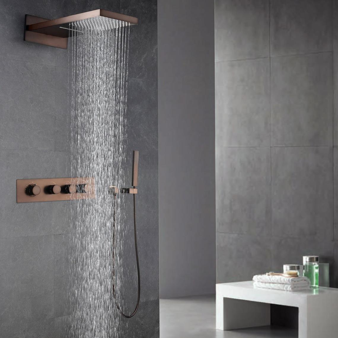 Kroos - Pack douche à encastré thermostatique avec finition en cuivré et effet pluie - Mitigeur douche