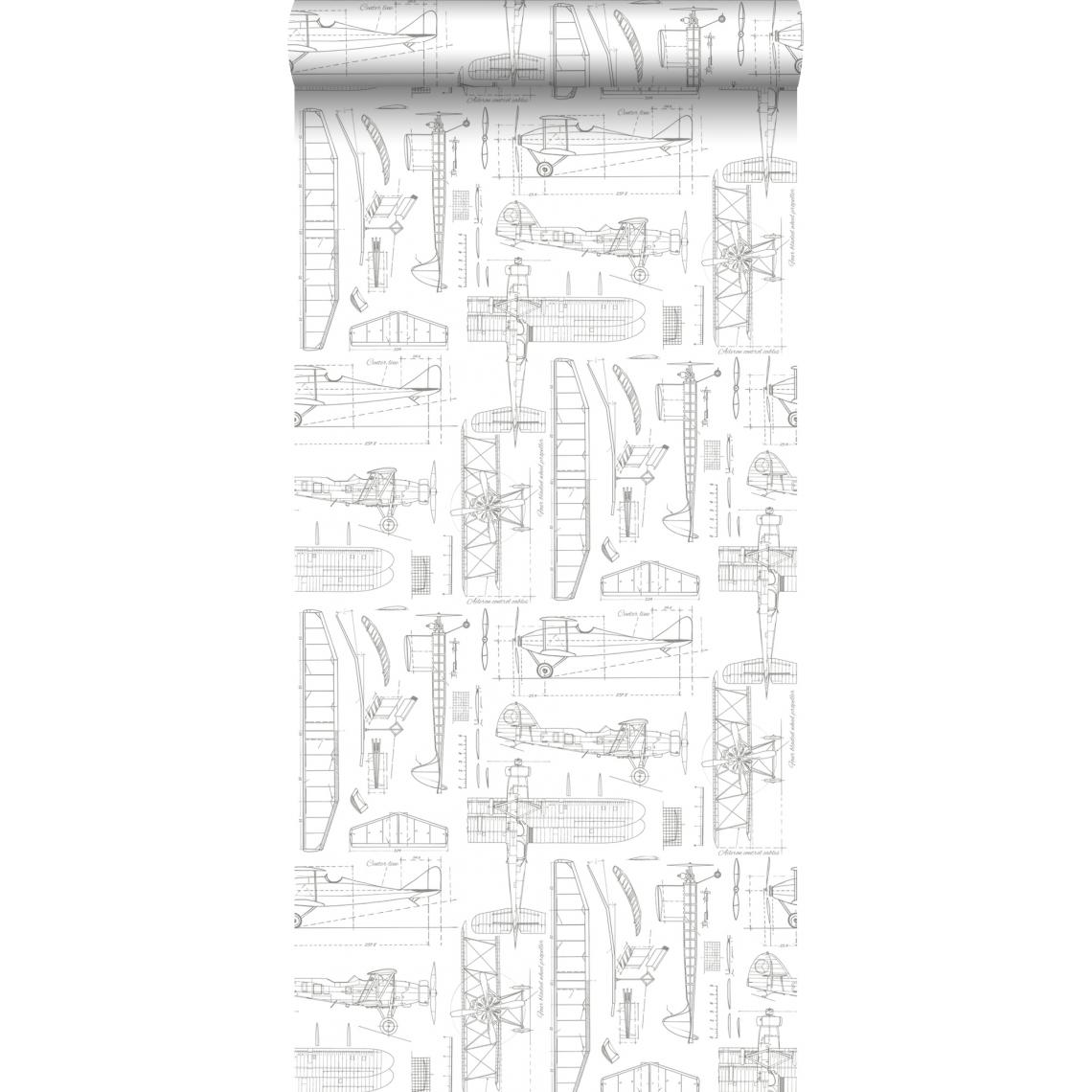 ESTAhome - ESTAhome papier peint dessins de construction d'avions blanc - 128812 - 53 cm x 10.05 m - Papier peint