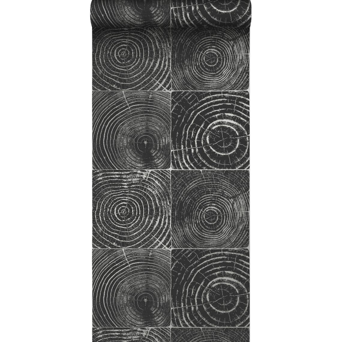 Origin - Origin papier peint sections transversales des troncs d'arbres noir mat et argent - 347544 - 53 cm x 10.05 m - Papier peint