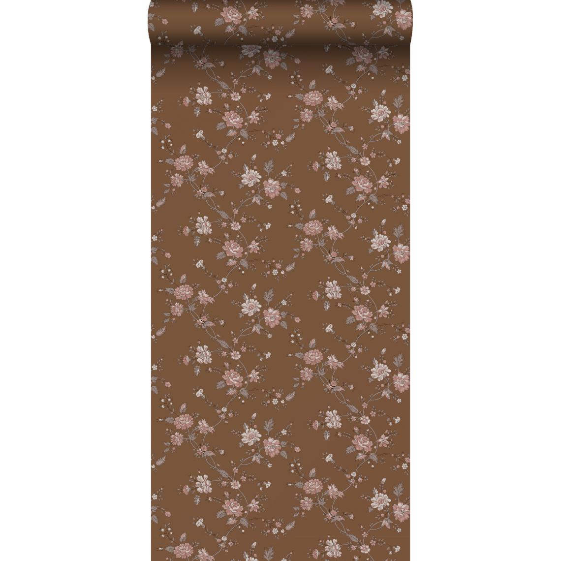 ESTAhome - ESTAhome papier peint fleurs brun rouille et rose - 139286 - 53 cm x 10,05 m - Papier peint