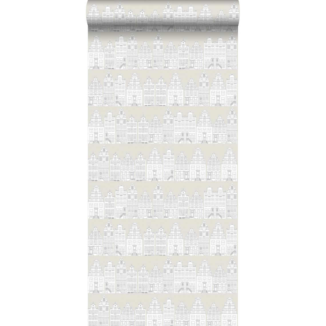 ESTAhome - ESTAhome papier peint maisons bordant les canaux d'Amsterdam dessinées gris clair - 138909 - 53 cm x 10.05 m - Papier peint