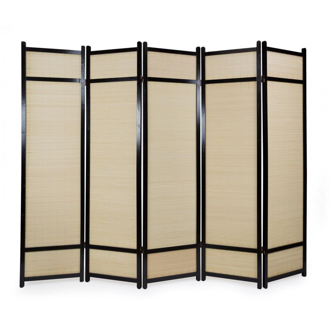 Decoshop26 - Paravent 5 panneaux pliable en bois noir et bambou 220 x175 cm PAR06063 - Paravents