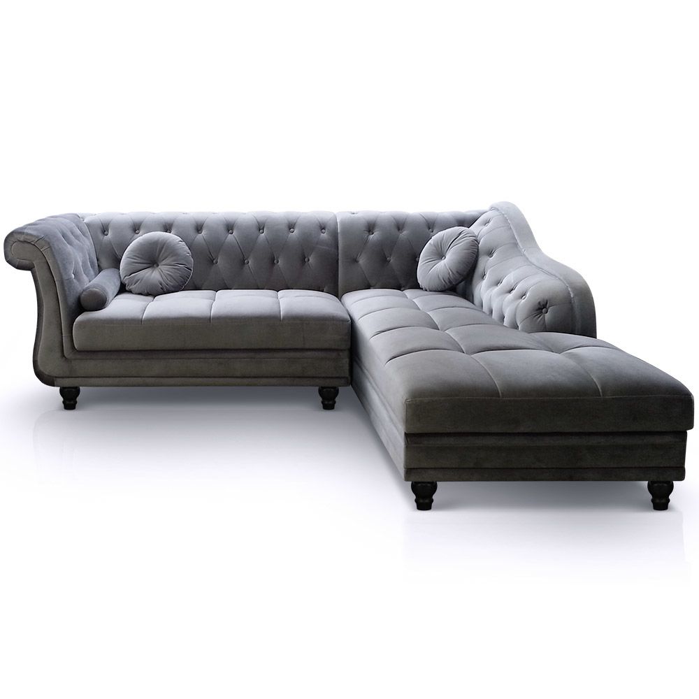 MENZZO - Canapé d'angle Brittish Velours Argent style Chesterfield - Canapés
