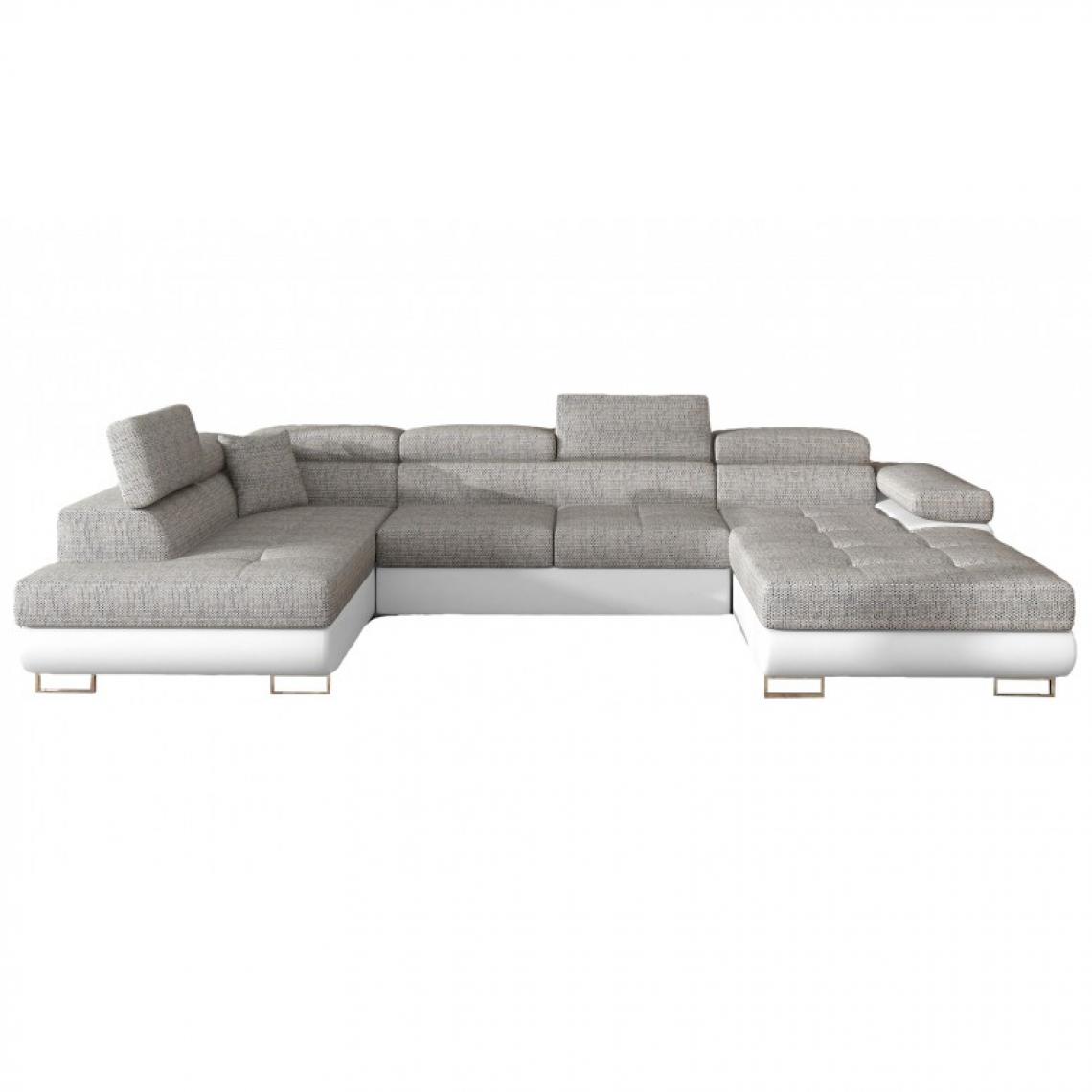 Meubler Design - Canapé Design Convertible Panoramique U Rodrigo - Angle du canapé - Gauche - Tissu gris clair/ PU blanc - Canapés