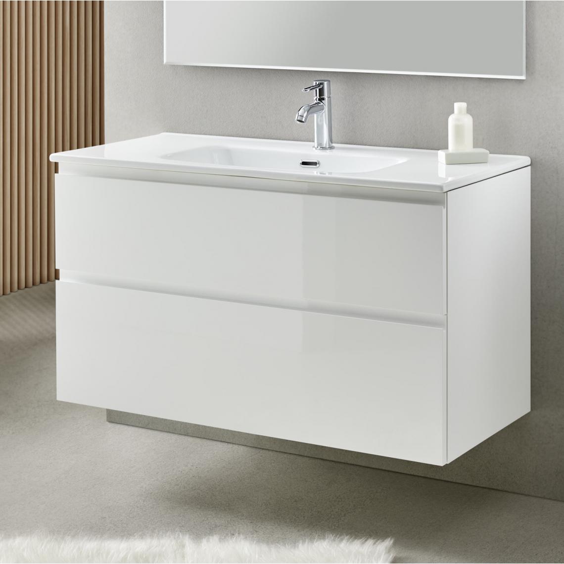 Pegane - Meuble de salle de bain avec 2 tiroirs suspendus blanc avec plan moulé - Longueur 100 x Hauteur 56 x Profondeur 46 cm - meuble bas salle de bain