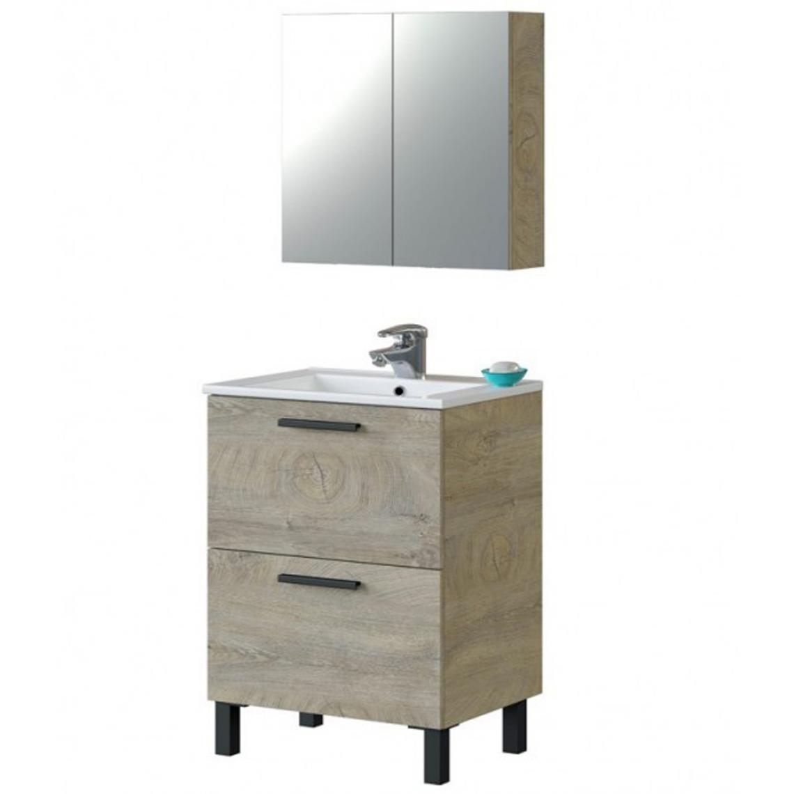 Pegane - Meuble sous vasque de salle de bain 60 cm avec 2 tiroirs et piètement + miroir - Hauteur 80 x longueur 60 x Profondeur 45 cm - meuble bas salle de bain
