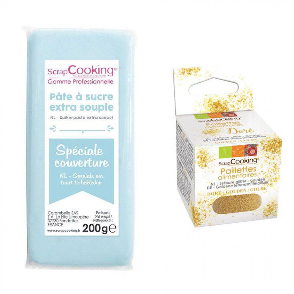 Scrapcooking - Pâte à sucre de couverture bleu clair 200 g + paillettes dorées - Kits créatifs
