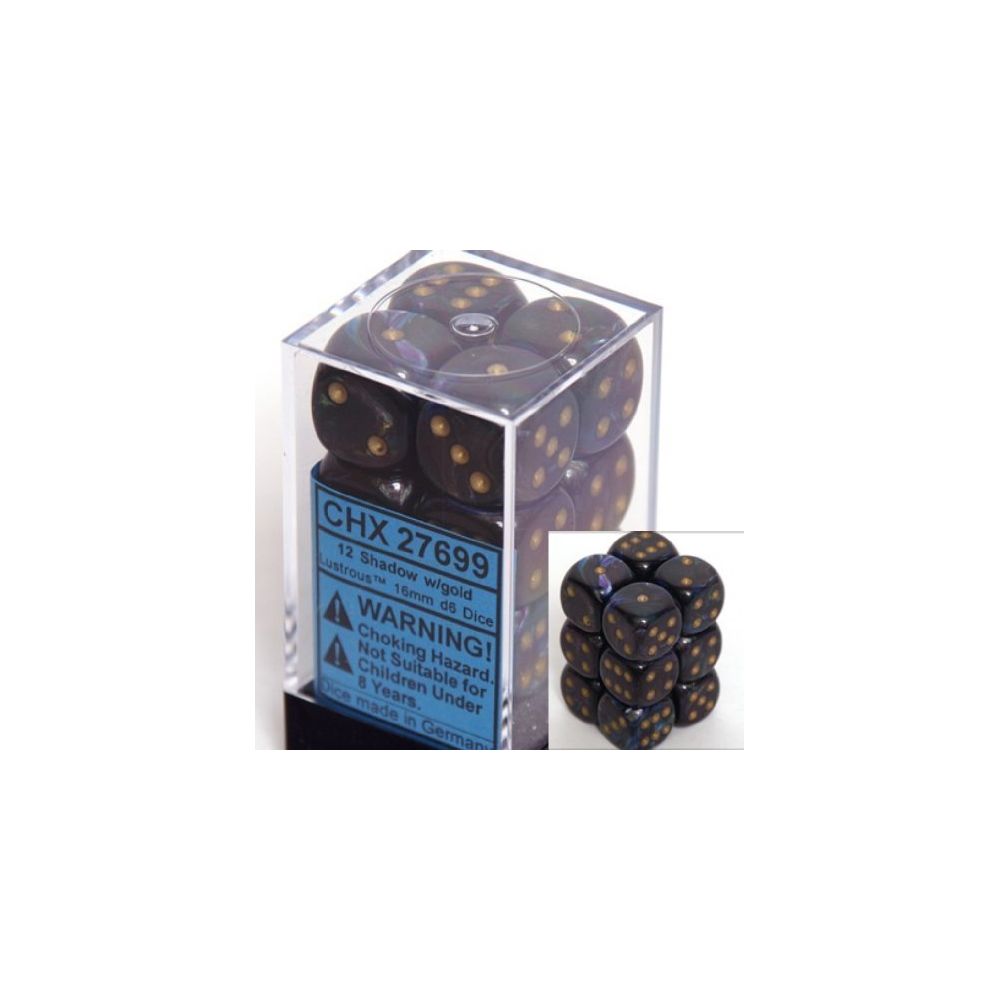 Chessex - Chessex Dice d6 Sets Lustrous Shadow with Gold - 16mm Six Sided Die (12) Block of Dice - Jeux d'adresse